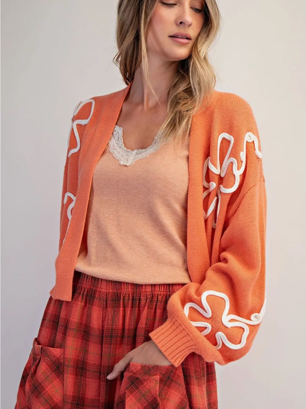 Embroidered Open-Front Orange Cardigan Sweater